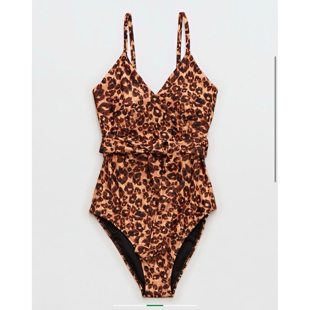 Aerie Leopard Print Wrap One-Piece Swimsuit Womens Size L Brown/Black